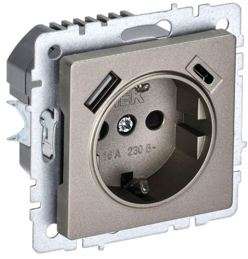 Изображение Розетка BRITE РЮш11-1-БрШ 16А с USB A+C 18Вт с заземл. защ. шторки шампань IEK BR-R14-16-U22-018-K37