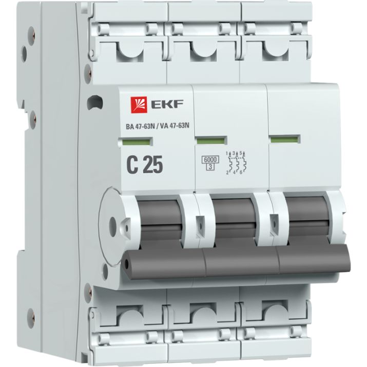 Изображение Выключатель автоматический 3п C 25А 6кА ВА 47-63N EKF PROxima EKF M636325C