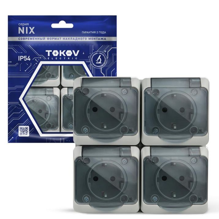 Изображение Розетка 4-м ОП Nix 16А IP54 250В с заземл. с прозр. крышкой сер. TOKOV ELECTRIC TKE-NX-R4Z-C06T-IP54