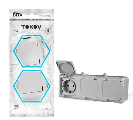 Изображение Розетка 3-м ОП Dita 16А IP54 250В с заземл. с сер. крышкой сер. TOKOV ELECTRIC TKL-DT-R3Z-C06-IP54
