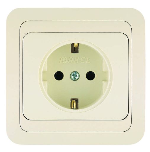 Изображение Розетка 1-м СП Mimoza 16А IP20 с заземл.керамика крем./крем. Makel 25008