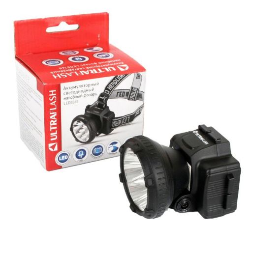 Изображение Фонарь аккумуляторный налобный LED5365 5LED 2 режима 220В пластик. черн. (бокс) Ultraflash 11648