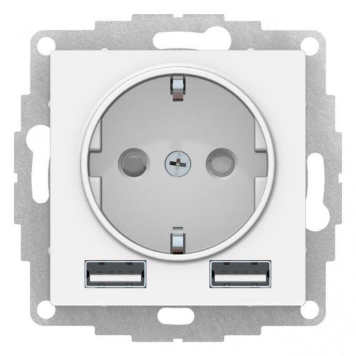 Изображение Розетка 3-м СП AtlasDesign 16А IP20 с 2-мя заряд. устройствами USB тип A+A 5В/2.4А 2х5В/1.2А механизм бел. SE ATN000130