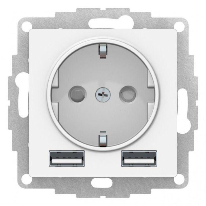 Изображение Розетка 3-м СП AtlasDesign 16А IP20 с 2-мя заряд. устройствами USB тип A+A 5В/2.4А 2х5В/1.2А механизм бел. SE ATN000130