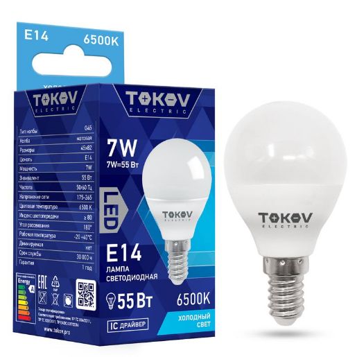 Изображение Лампа светодиодная 7Вт G45 6500К Е14 176-264В TOKOV ELECTRIC TKE-G45-E14-7-6.5K