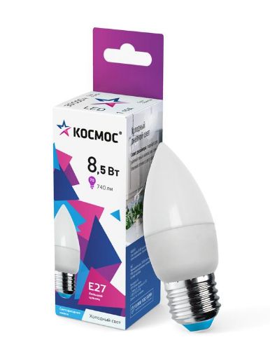 Изображение Лампа светодиодная 8.5Вт свеча 6500К холод. бел. E27 220В КОСМОС LkecLED8.5wCNE2765