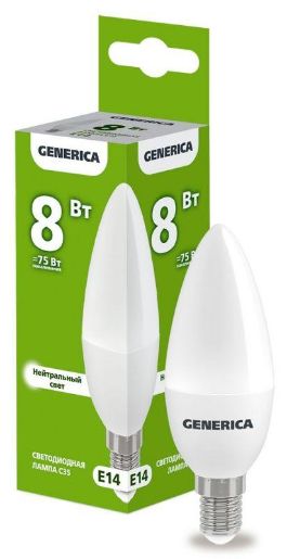 Изображение Лампа светодиодная C35 8Вт свеча 4000К E14 230В GENERICA LL-C35-08-230-40-E14-G