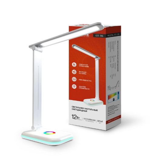 Изображение Светильник настольный светодиодный ССО 20Б 12Вт 6500К 640лм RGB-подсветка сенсор-диммер с адаптером бел. IN HOME 4690612041070