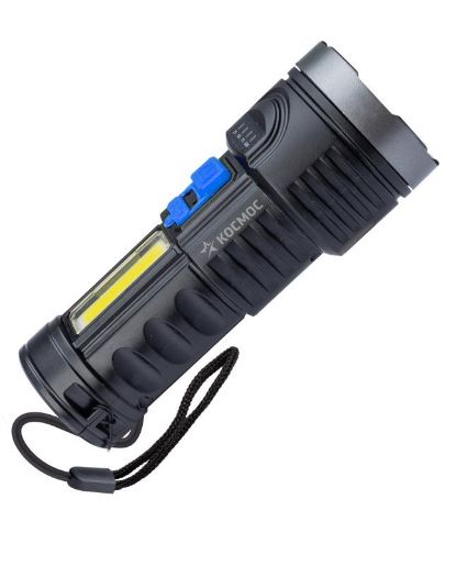 Изображение Фонарь аккумуляторный ручной LED 3Вт + COB 3Вт аккум. Li-ion 18650 1.2А.ч индикатор USB-шнур ABS-пластик КОСМОС KOS115Lit