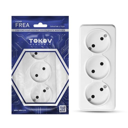 Изображение Розетка 3-м ОП Frea 16А IP20 250В без заземл. АБС-пластик бел. TOKOV ELECTRIC TKE-FR-R3-C01