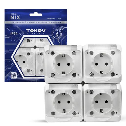 Изображение Розетка 4-м ОП Nix 16А IP54 250В с заземл. с прозр. крышкой бел. TOKOV ELECTRIC TKE-NX-R4Z-C01T-IP54