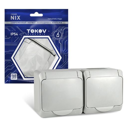 Изображение Розетка 2-м ОП Nix 16А IP54 250В с заземл. с крышкой сер. TOKOV ELECTRIC TKE-NX-R2Z-C06-IP54