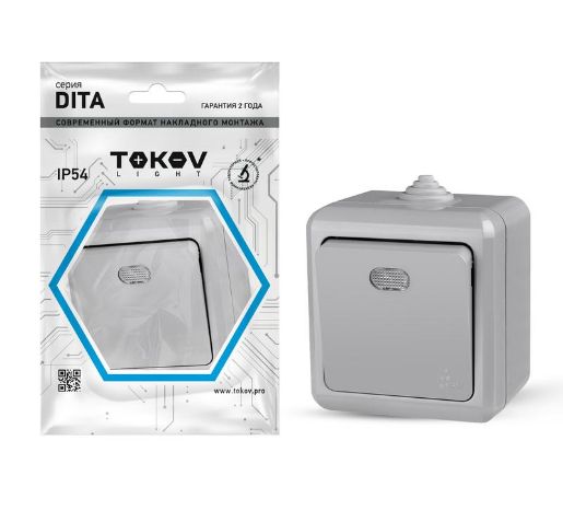 Изображение Выключатель 1-кл. ОП Dita IP54 10А 250В с индикацией сер. TOKOV ELECTRIC TKL-DT-V1I-C06-IP54