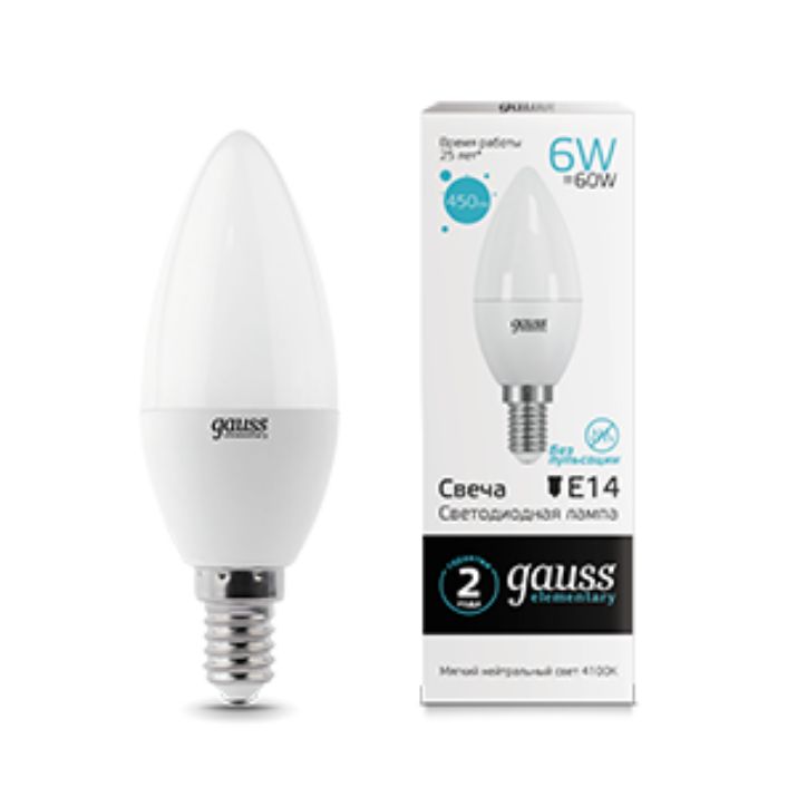 Изображение Лампа светодиодная Elementary 6Вт свеча 4100К нейтр. бел. E14 450лм GAUSS 33126