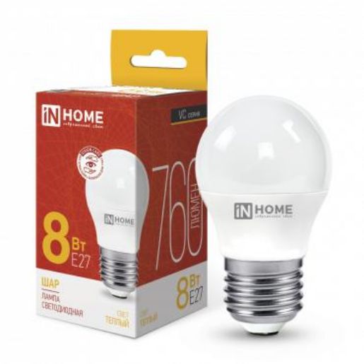 Изображение Лампа светодиодная LED-ШАР-VC 8Вт шар 3000К тепл. бел. E27 760лм 230В IN HOME 4690612020563