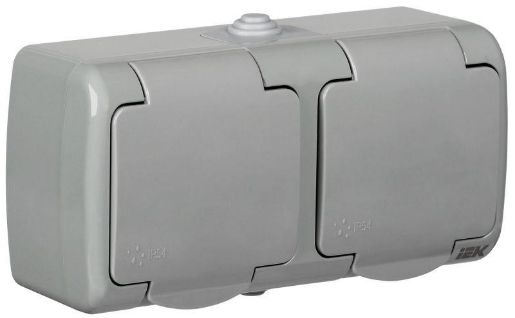 Изображение Розетка 2-м ОП Aquatic РСш22-2-А 16А IP54 с заземл. с крышкой сер. IEK ERA22-K03-16-54