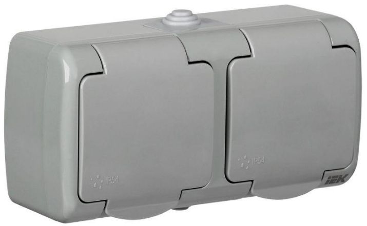 Изображение Розетка 2-м ОП Aquatic РСш22-2-А 16А IP54 с заземл. с крышкой сер. IEK ERA22-K03-16-54