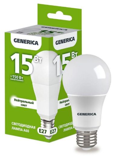 Изображение Лампа светодиодная A60 15Вт грушевидная 4000К E27 230В GENERICA LL-A60-15-230-40-E27-G