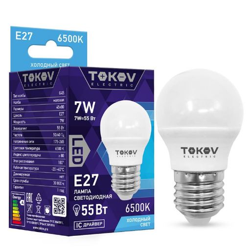 Изображение Лампа светодиодная 7Вт G45 6500К Е27 176-264В TOKOV ELECTRIC TKE-G45-E27-7-6.5K