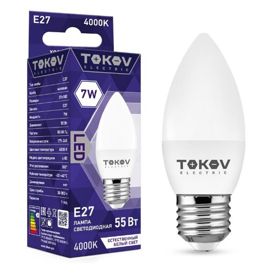 Изображение Лампа светодиодная 7Вт С37 4000К Е27 176-264В TOKOV ELECTRIC TKE-C37-E27-7-4K