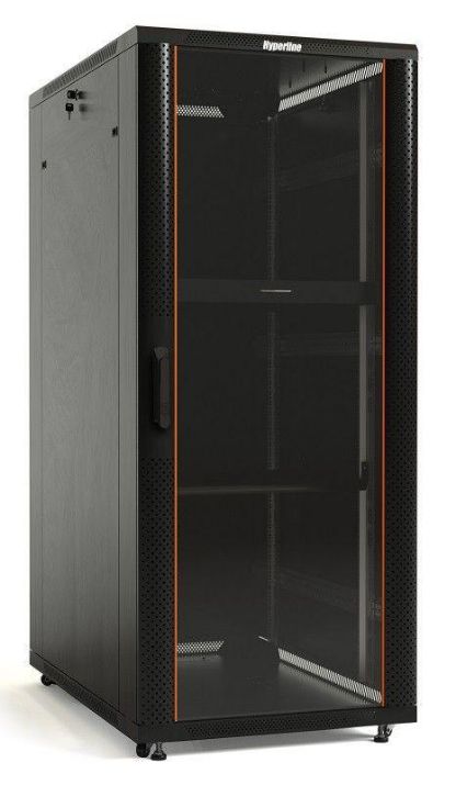 Изображение Шкаф напольный TTB-4268-AS 19дюйм 42U 2055х600х800мм перед. стекл. дверь со стальн. перф. боковинами задн. дверь сплошная ручка с замком крыша нового типа черн. (RAL 9004) Hyperline 392682