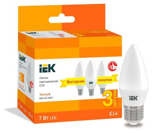 Изображение Лампа светодиодная C35 свеча 7Вт 230В 3000К E14 (уп.3шт) IEK LLE-C35-07-230-30-E14-3