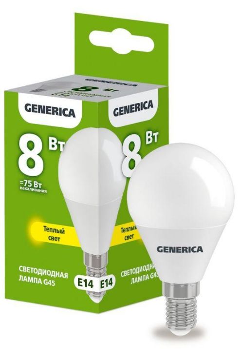 Изображение Лампа светодиодная G45 8Вт шар 3000К E14 230В GENERICA LL-G45-08-230-30-E14-G
