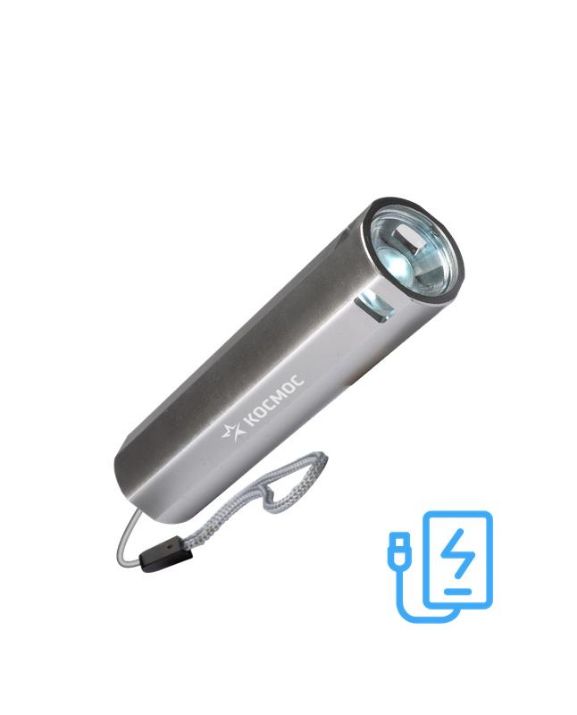 Изображение Фонарь аккумуляторный ручной LED 1Вт линза аккум. Li-ion 18650 1.2А.ч Power-bank USB-шнур ABS-пластик КОСМОС KOS116Lit