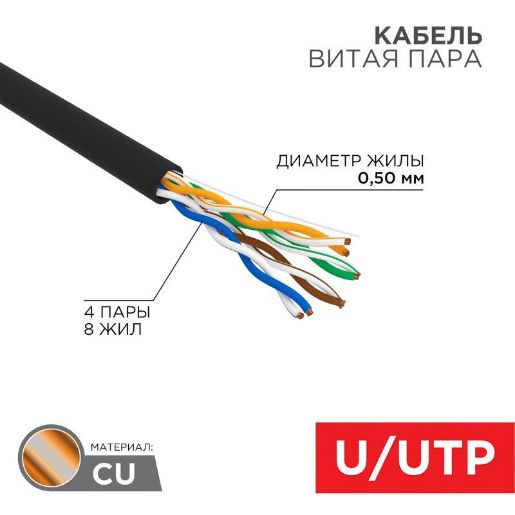 Изображение Кабель витая пара U/UTP 4х2х24AWG кат.5E solid CU PE Outdoor черн. (м) Rexant 01-0045