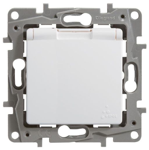 Изображение Розетка 1-м СП Etika 16А IP44 250В 2P+E с заземл. защ. шторки с крышкой немецк. стандарт безвинт. клеммы механизм бел. Leg 672232