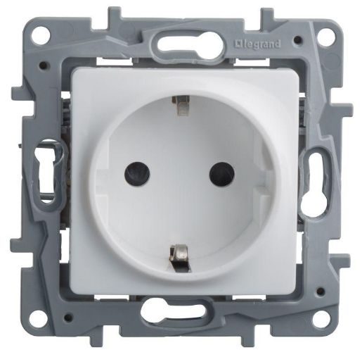 Изображение Розетка 1-м СП Etika 16А IP31 250В 2P+E с заземл. защ. шторки немецк. стандарт винт. клеммы механизм бел. Leg 672222