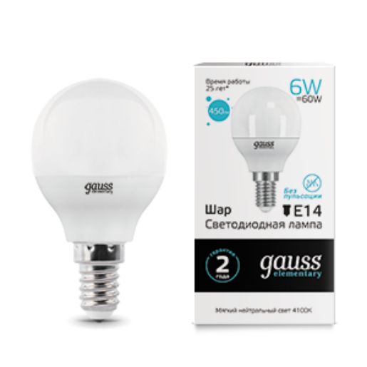 Изображение Лампа светодиодная Elementary 6Вт шар 4100К нейтр. бел. E14 450лм GAUSS 53126