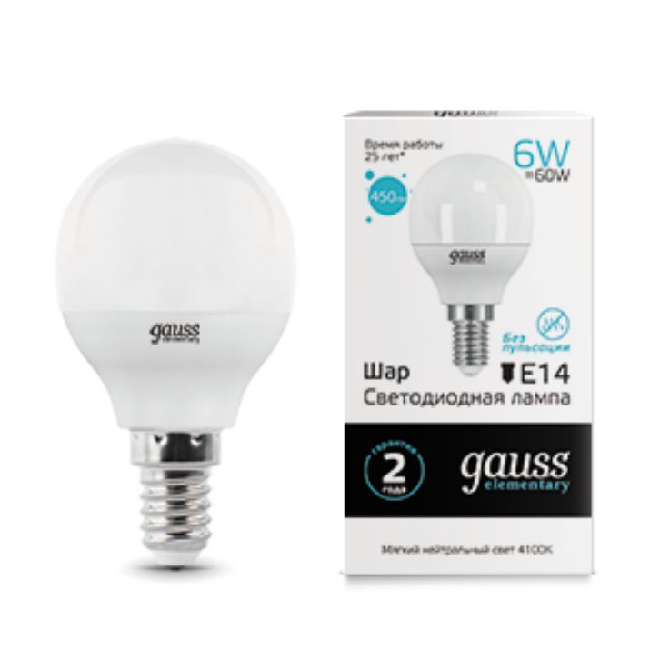 Изображение Лампа светодиодная Elementary 6Вт шар 4100К нейтр. бел. E14 450лм GAUSS 53126