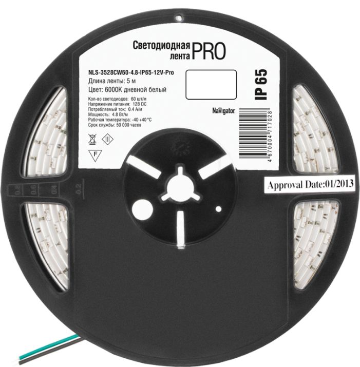 Изображение Лента светодиодная 71 702 NLS-3528CW60-4.8-IP65-12V-Pro R5 4.8Вт/м (уп.5м) Navigator 71702