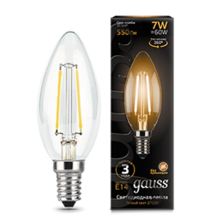 Изображение Лампа светодиодная филаментная Filament 7Вт свеча 2700К тепл. бел. E14 550лм GAUSS 103801107