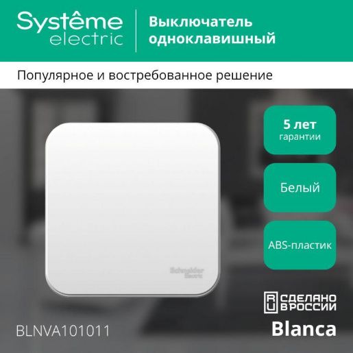 Изображение Выключатель 1-кл. ОП Blanca 10А IP20 (сх. 1) 250В с изолир. пластиной бел. SE BLNVA101011