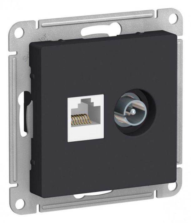 Изображение Розетка компьютерная + телевизионная 2-м AtlasDesign RJ45 кат.5E + TV механизм карбон SE ATN001089