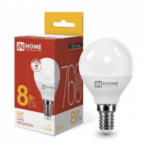 Изображение Лампа светодиодная LED-ШАР-VC 8Вт шар 3000К тепл. бел. E14 760лм 230В IN HOME 4690612020549