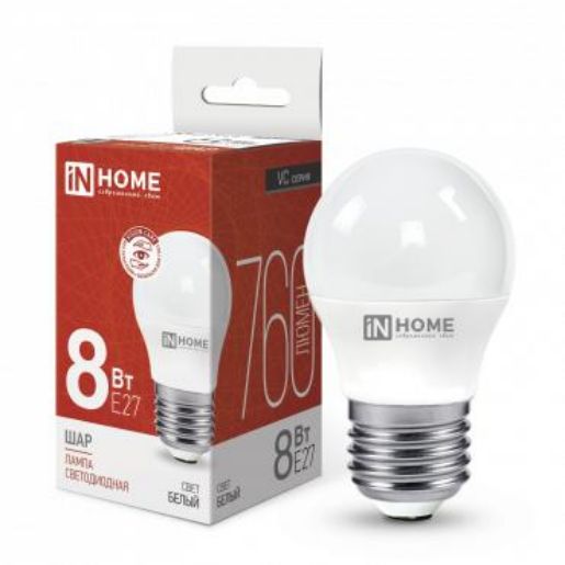 Изображение Лампа светодиодная LED-ШАР-VC 8Вт шар 4000К нейтр. бел. E27 760лм 230В IN HOME 4690612020570