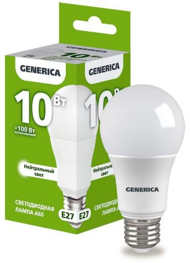 Изображение Лампа светодиодная A60 10Вт грушевидная 4000К E27 230В GENERICA LL-A60-10-230-40-E27-G