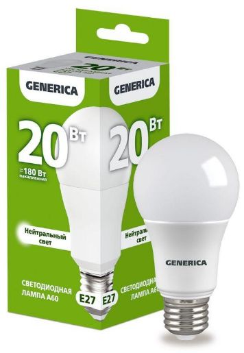 Изображение Лампа светодиодная A60 20Вт грушевидная 4000К E27 230В GENERICA LL-A60-20-230-40-E27-G