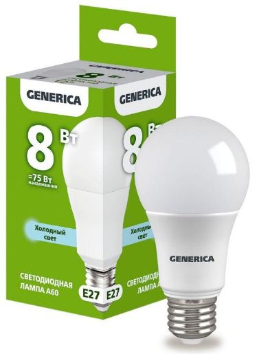 Изображение Лампа светодиодная A60 8Вт грушевидная 6500К E27 230В GENERICA LL-A60-08-230-65-E27-G