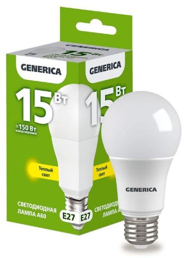 Изображение Лампа светодиодная A60 15Вт грушевидная 3000К E27 230В GENERICA LL-A60-15-230-30-E27-G