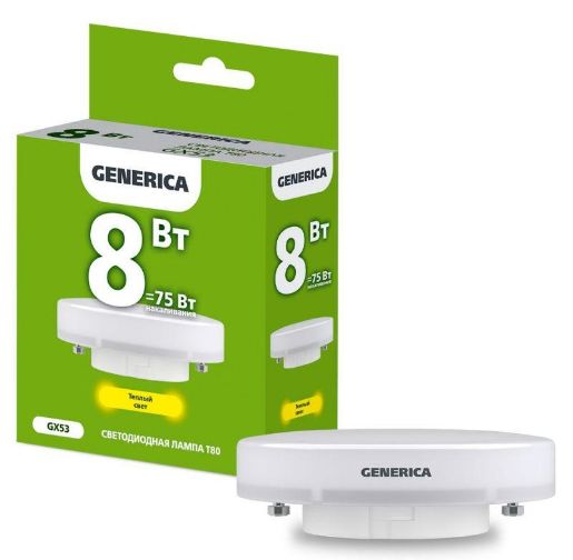 Изображение Лампа светодиодная T80 8Вт таблетка 3000К GX53 230В GENERICA LL-T80-08-230-30-GX53-G