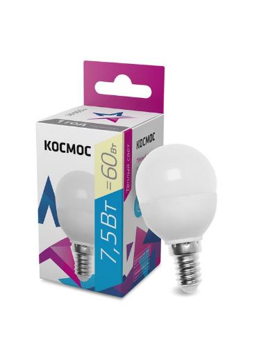 Изображение Лампа светодиодная 7.5Вт шар 3000К тепл. бел. E14 220В КОСМОС LkecLED7.5wGL45E1430