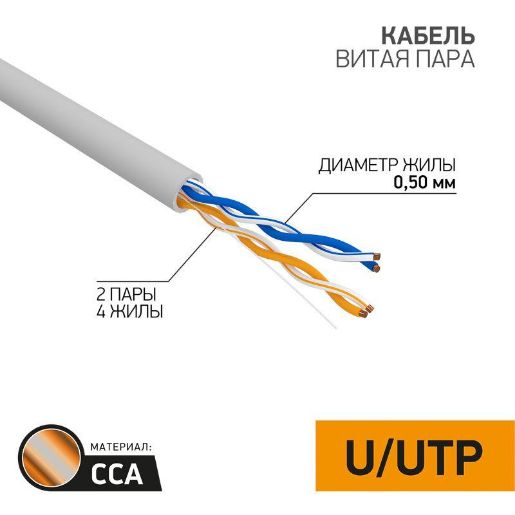 Изображение Кабель витая пара U/UTP 2х2х24AWG кат.5E solid CCA PVC сер. (м) PROCONNECT 01-0022-3