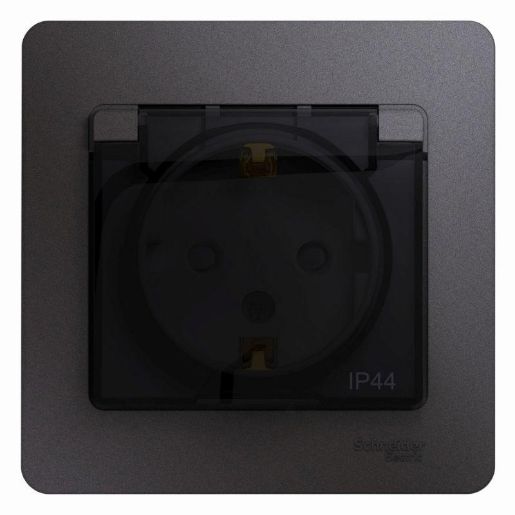 Изображение Розетка 1-м СП Glossa 16А IP44 250В с заземл. защ. шторки с крышкой в сборе графит SE GSL001348