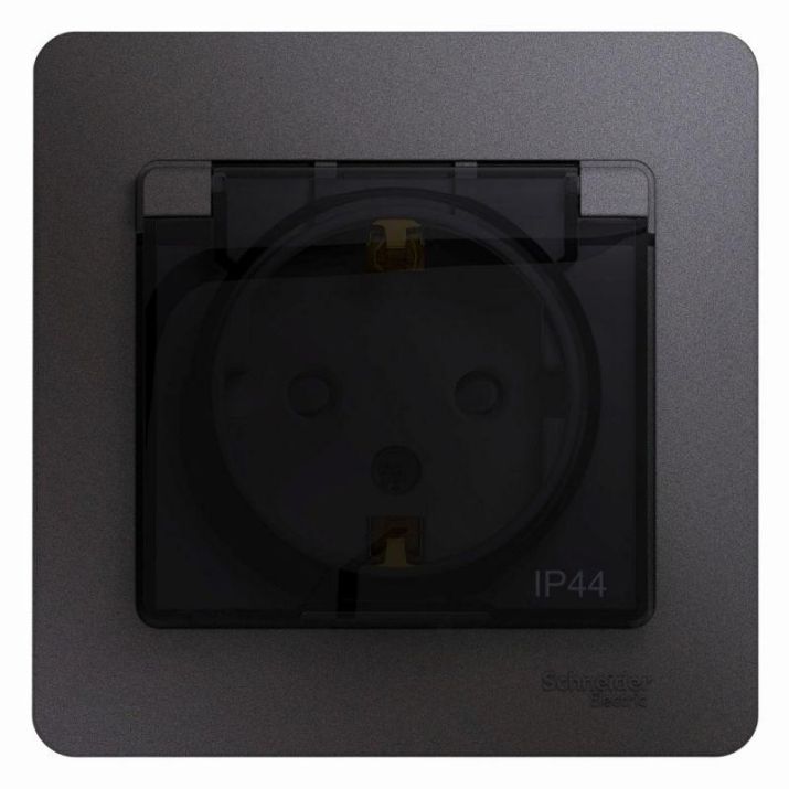 Изображение Розетка 1-м СП Glossa 16А IP44 250В с заземл. защ. шторки с крышкой в сборе графит SE GSL001348