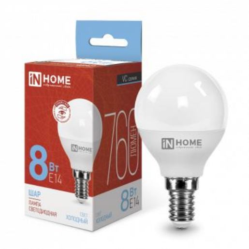 Изображение Лампа светодиодная LED-ШАР-VC 8Вт шар 6500К холод. бел. E14 760лм 230В IN HOME 4690612024882