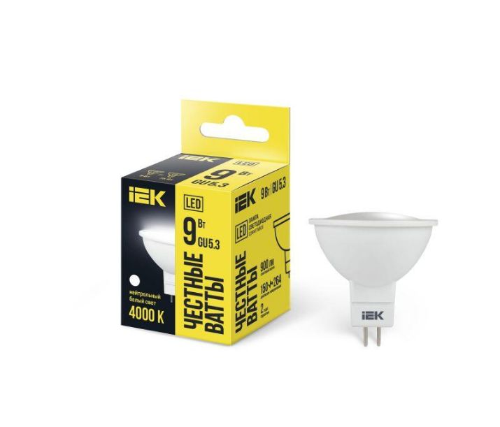 Изображение Лампа светодиодная 9Вт MR16 софит 4000К нейтр. бел. GU5.3 230В IEK LLE-MR16-9-230-40-GU5